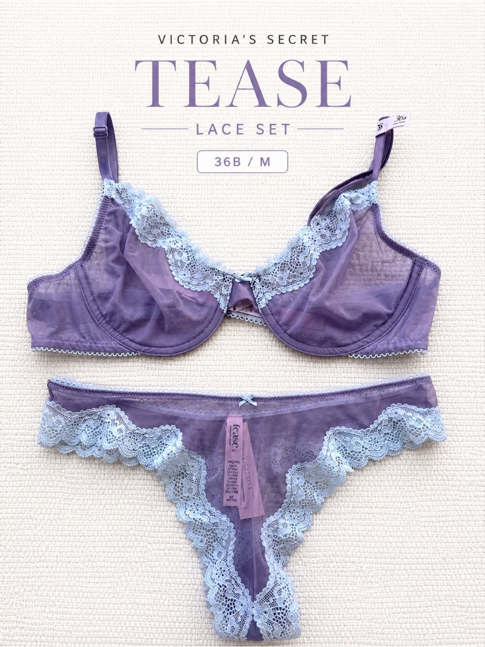 Victoria’s Secret Tease Lace Bra 36B + Panty Set Purple Blue NWT